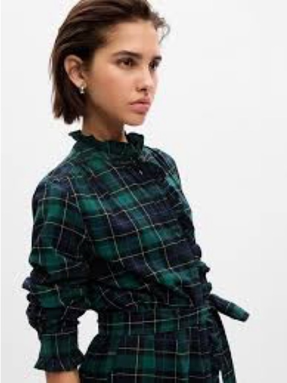 GAP Navy and Green Plaid Ruffle-Neck Long Sleeve Dress